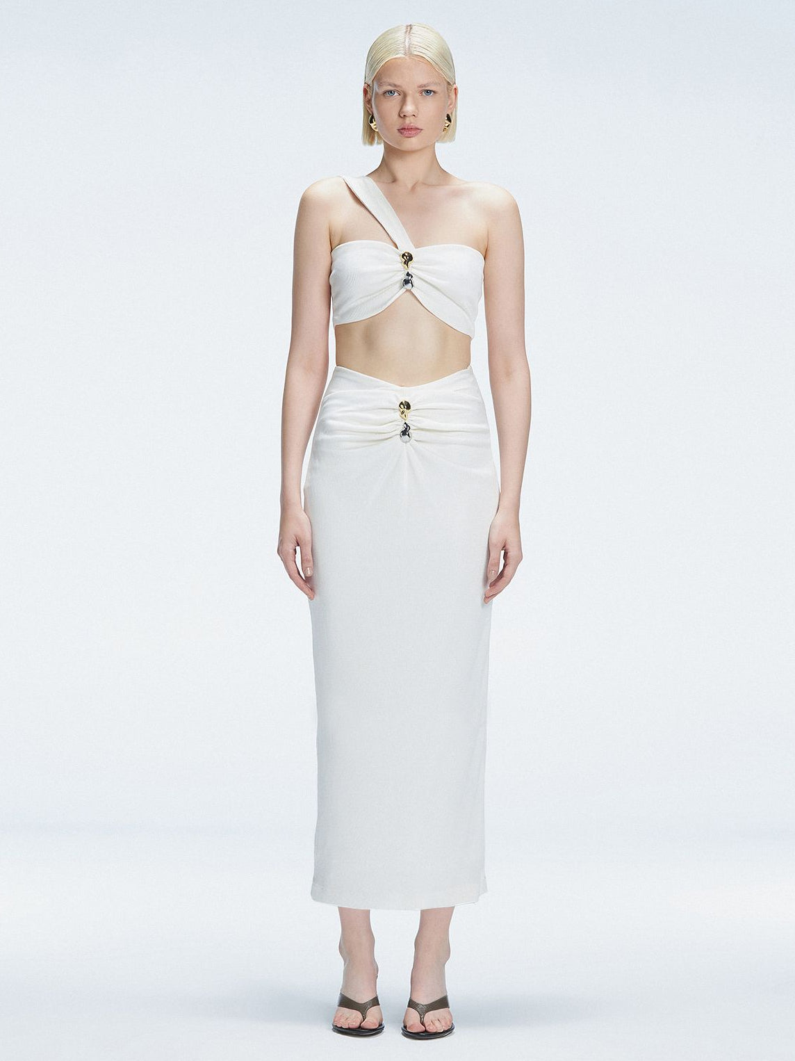 Esmeralda White Maxi Skirt with Front Ruched Detail | Moeva | Skirt | Each week unveils new pieces—luxury swimwear, fluid resort silhouettes, and elevated summer-to-evening essentials designed to carry you from coastal escapes to city nights.