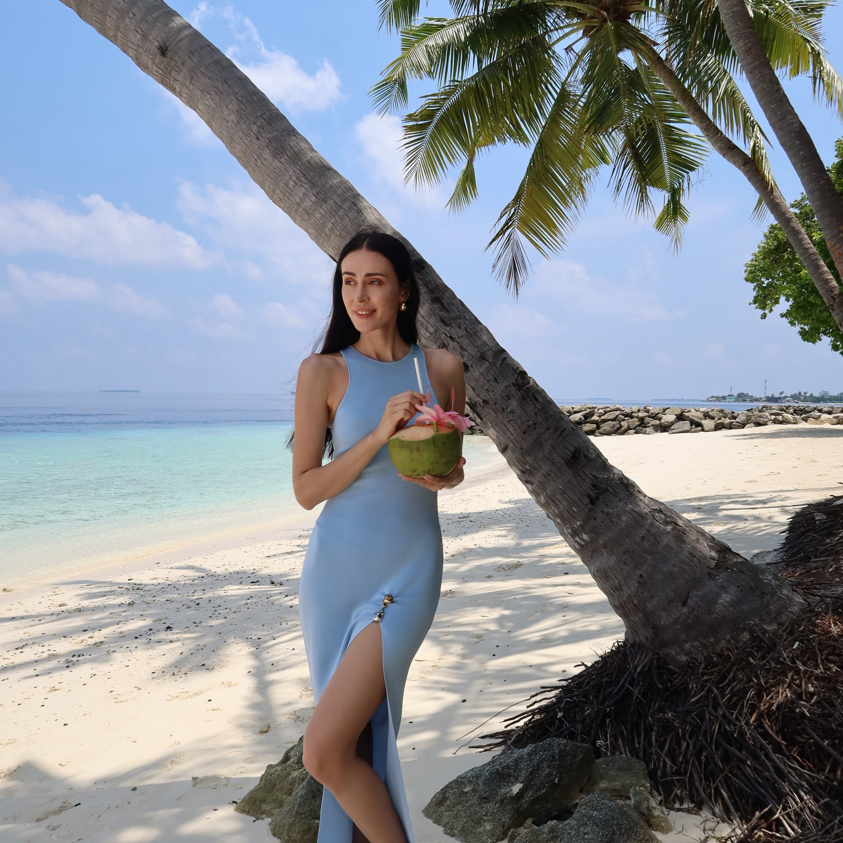 Elvira Jain - Louisa Halter Neck Blue Maxi Dress with Slit Detail | Moeva | Dress | Each week unveils new pieces—luxury swimwear, fluid resort silhouettes, and elevated summer-to-evening essentials designed to carry you from coastal escapes to city nights.