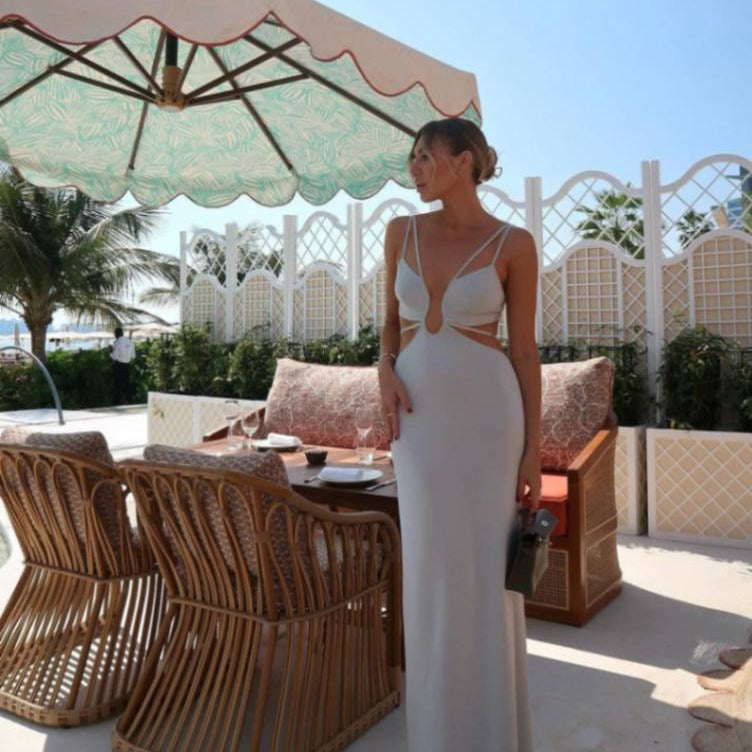 MASHA DUBROVSKAYA - Calla Silver Knitted U-Wire Maxi Dress with Cut-Outs | Moeva | Dress | Each week unveils new pieces—luxury swimwear, fluid resort silhouettes, and elevated summer-to-evening essentials designed to carry you from coastal escapes to city nights.