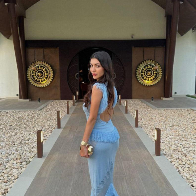 Olga Mikhaylova - Maris Baby Blue Knitted Maxi Dress with Fringe and Open Back | Moeva | Dress | Each week unveils new pieces—luxury swimwear, fluid resort silhouettes, and elevated summer-to-evening essentials designed to carry you from coastal escapes to city nights.