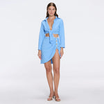 Mirazur Gold Buttoned High-Waist Mini Blue Skirt | Moeva | Beachwear Skirts | Each week unveils new pieces—luxury swimwear, fluid resort silhouettes, and elevated summer-to-evening essentials designed to carry you from coastal escapes to city nights.