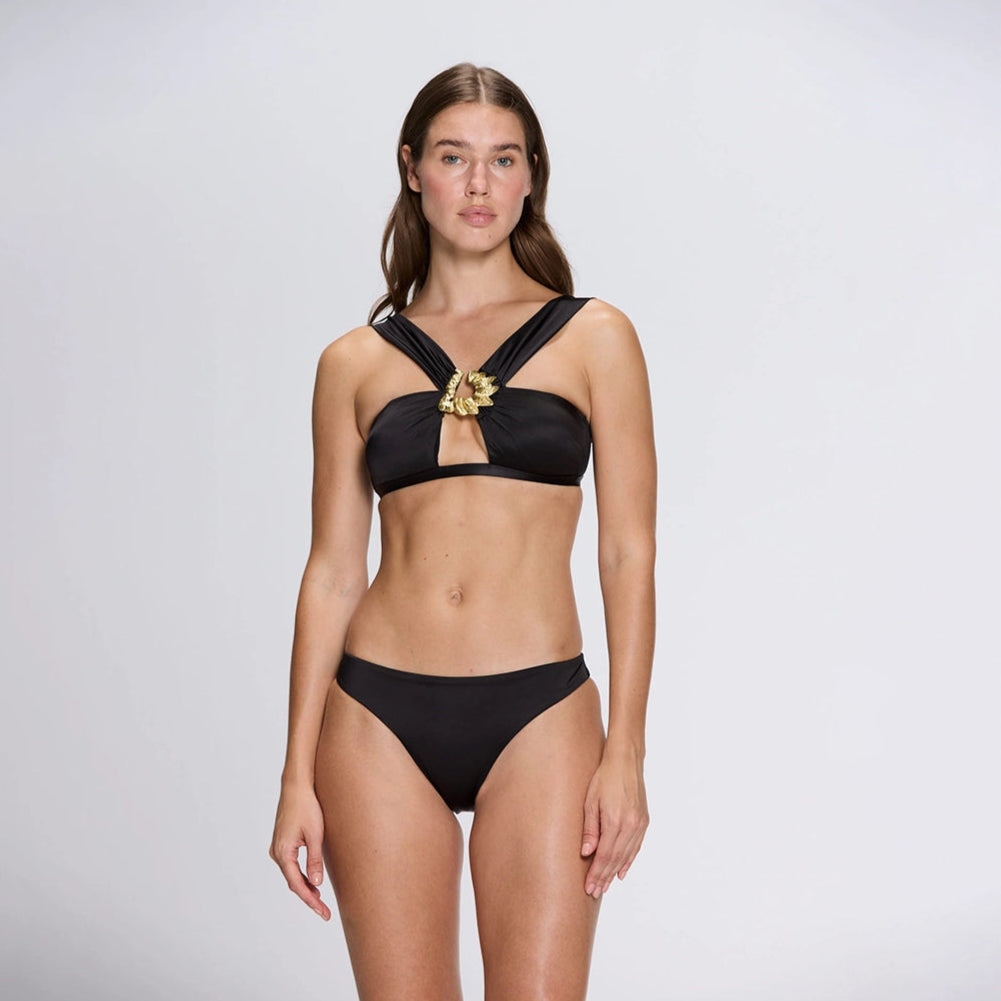 Irma Halter Neck Gold Detail Mid Coverage Satin Black Bikini Set | Moeva | Bikini | Each week unveils new pieces—luxury swimwear, fluid resort silhouettes, and elevated summer-to-evening essentials designed to carry you from coastal escapes to city nights.
