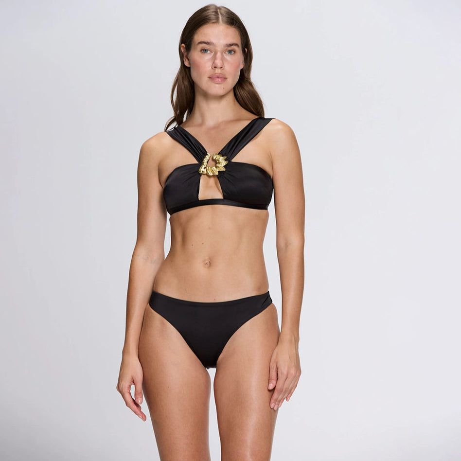 Irma Halter Neck Gold Detail Satin Black Bikini Top | Moeva | Bikini | Each week unveils new pieces—luxury swimwear, fluid resort silhouettes, and elevated summer-to-evening essentials designed to carry you from coastal escapes to city nights.