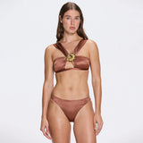 Irma Halter Neck Gold Detail Satin Brown Bikini Top | Moeva | Bikini | Each week unveils new pieces—luxury swimwear, fluid resort silhouettes, and elevated summer-to-evening essentials designed to carry you from coastal escapes to city nights.