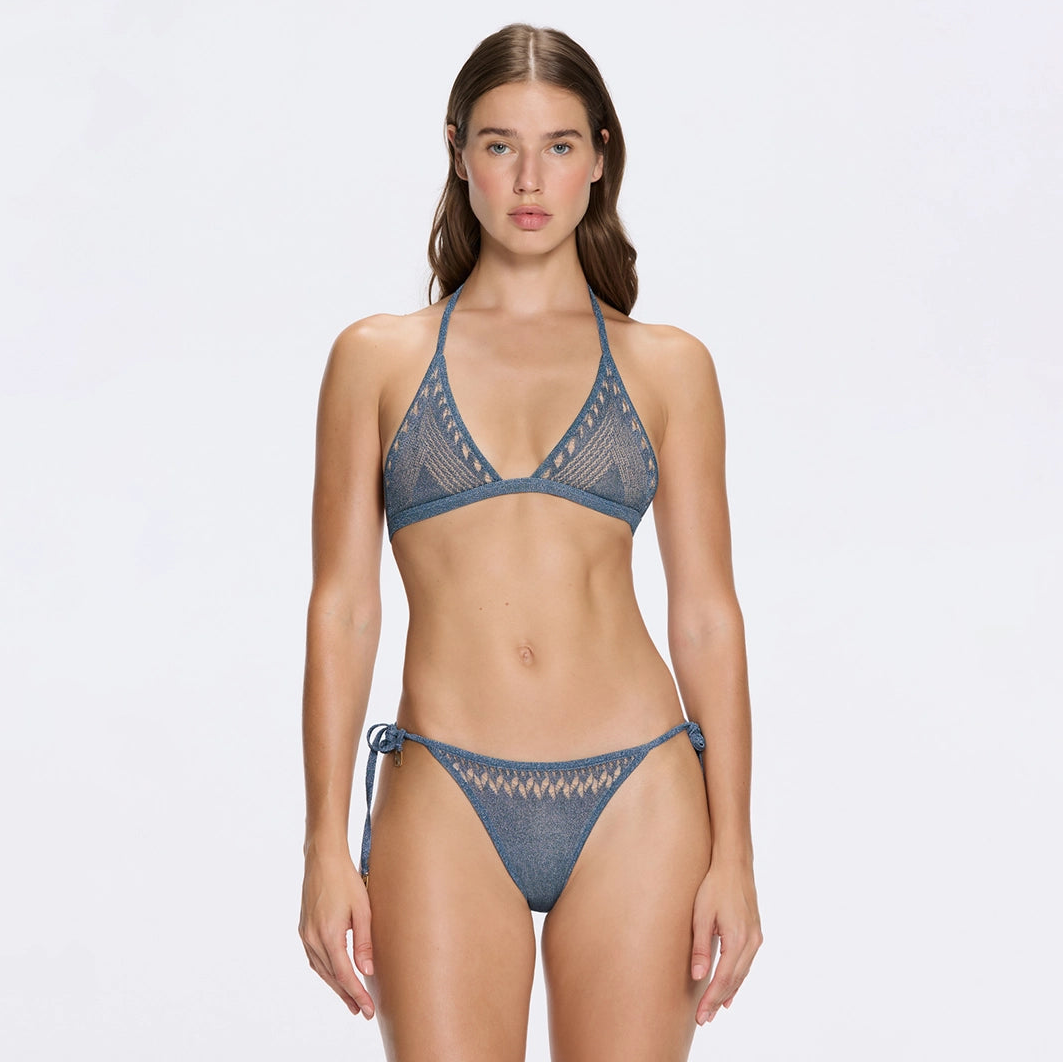 Isola Metallic Knit Side Tie Blue Bikini Bottom | Moeva | Bikini Bottom | Each week unveils new pieces—luxury swimwear, fluid resort silhouettes, and elevated summer-to-evening essentials designed to carry you from coastal escapes to city nights.
