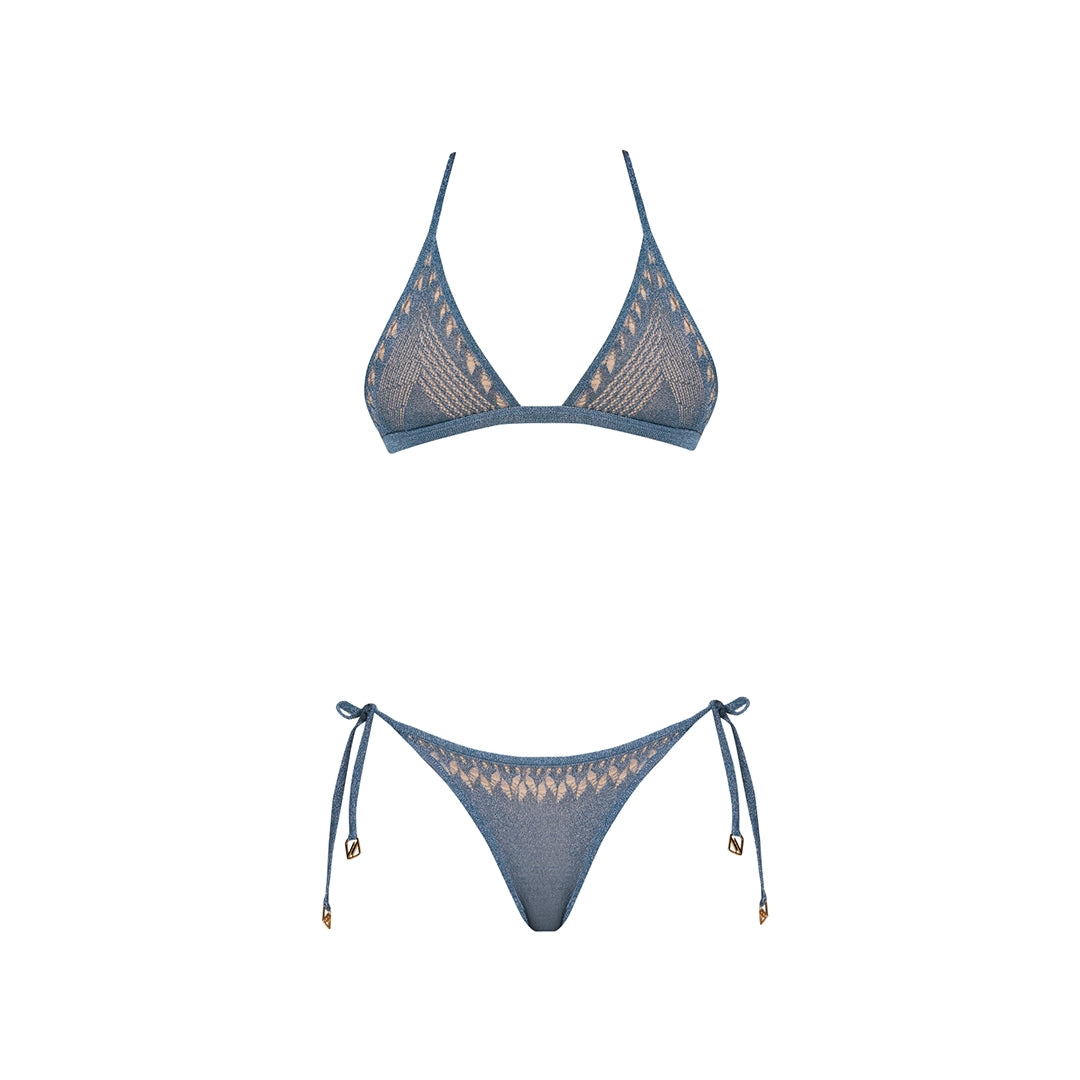 Isola Metallic Knit Triangle Blue Bikini Top | Moeva | Bikini Top | Each week unveils new pieces—luxury swimwear, fluid resort silhouettes, and elevated summer-to-evening essentials designed to carry you from coastal escapes to city nights.