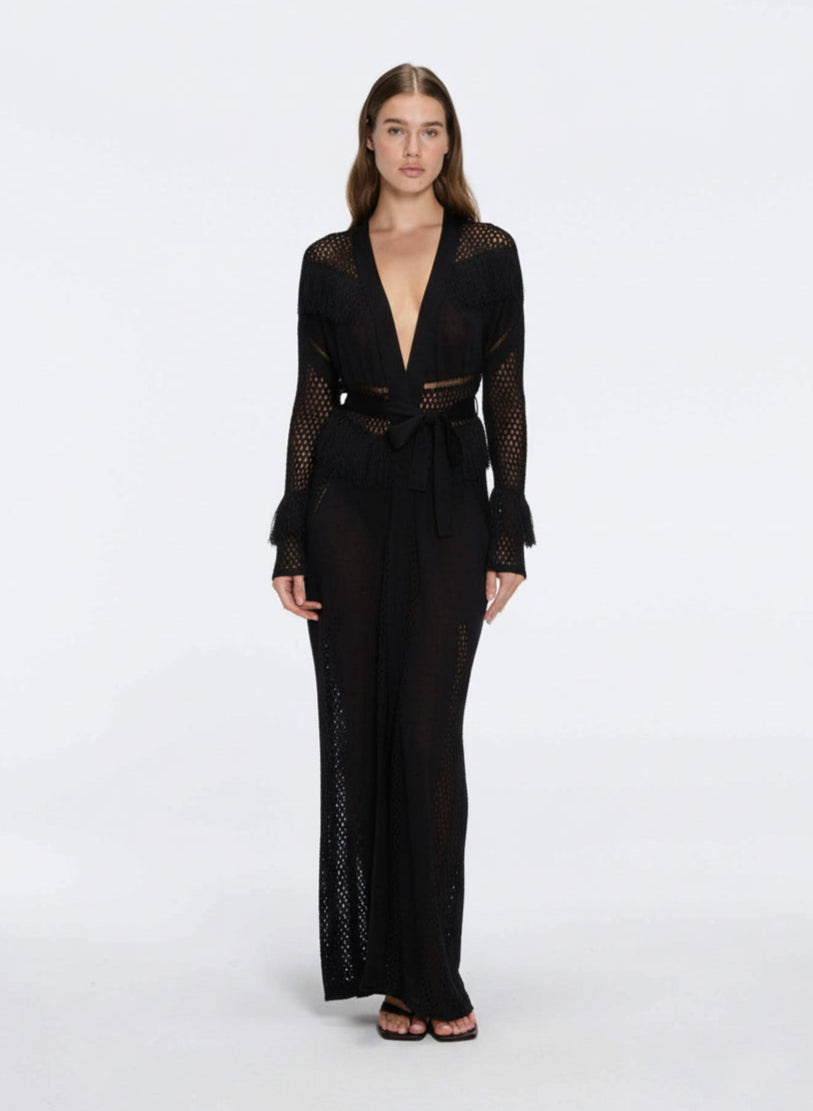 Itzel Black Knitted Mesh Long-Sleeve Kaftan | Moeva | Kaftans | Each week unveils new pieces—luxury swimwear, fluid resort silhouettes, and elevated summer-to-evening essentials designed to carry you from coastal escapes to city nights.