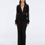 Itzel Black Knitted Mesh Long-Sleeve Kaftan | Moeva | Kaftans | Each week unveils new pieces—luxury swimwear, fluid resort silhouettes, and elevated summer-to-evening essentials designed to carry you from coastal escapes to city nights.