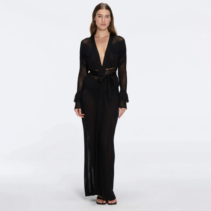 Itzel Black Knitted Mesh Long-Sleeve Kaftan | Moeva | Kaftans | Each week unveils new pieces—luxury swimwear, fluid resort silhouettes, and elevated summer-to-evening essentials designed to carry you from coastal escapes to city nights.