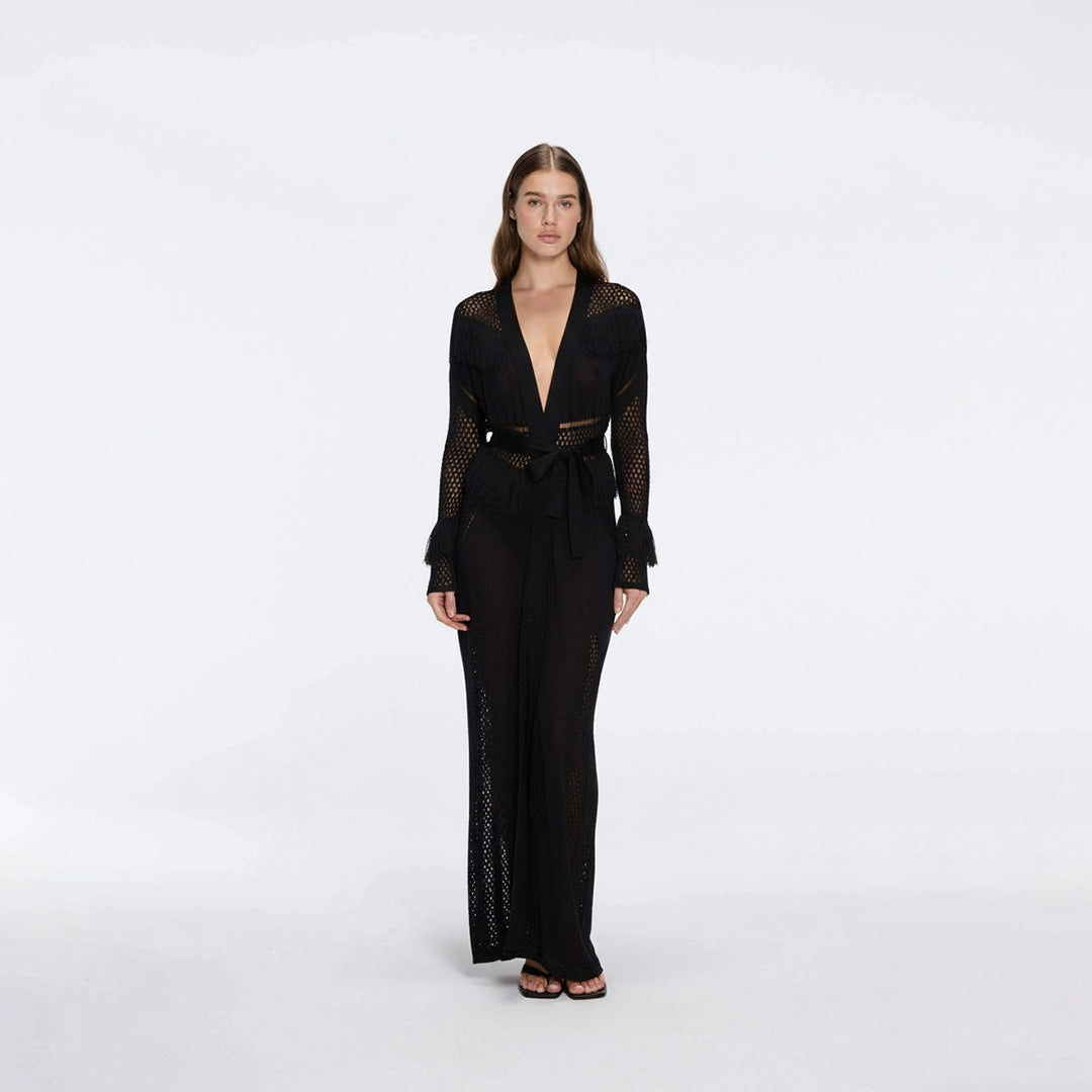 Itzel Black Knitted Mesh Long-Sleeve Kaftan | Moeva | Kaftans | Each week unveils new pieces—luxury swimwear, fluid resort silhouettes, and elevated summer-to-evening essentials designed to carry you from coastal escapes to city nights.