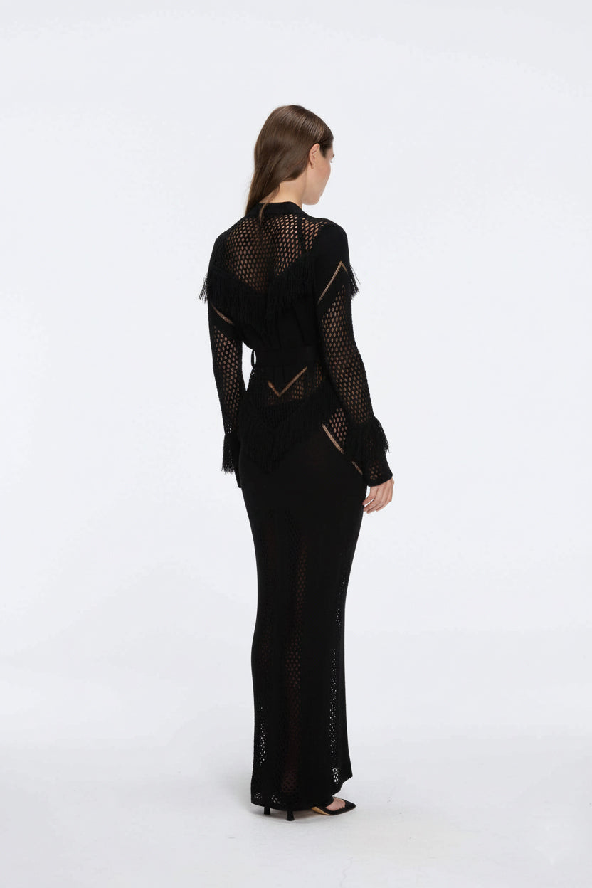 Itzel Black Knitted Mesh Long-Sleeve Kaftan | Moeva | Kaftans | Each week unveils new pieces—luxury swimwear, fluid resort silhouettes, and elevated summer-to-evening essentials designed to carry you from coastal escapes to city nights.