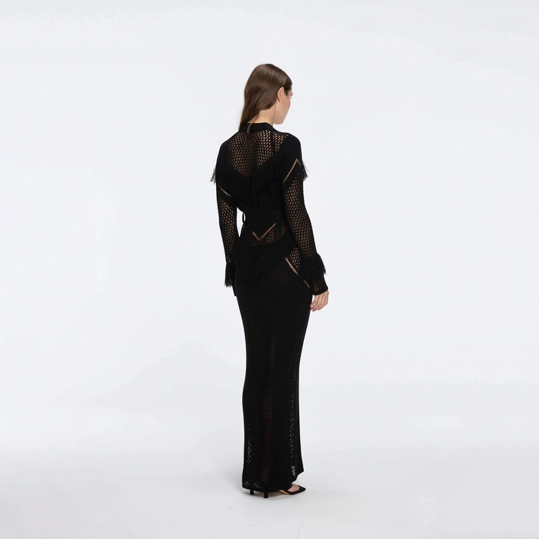 Itzel Black Knitted Mesh Long-Sleeve Kaftan | Moeva | Kaftans | Each week unveils new pieces—luxury swimwear, fluid resort silhouettes, and elevated summer-to-evening essentials designed to carry you from coastal escapes to city nights.