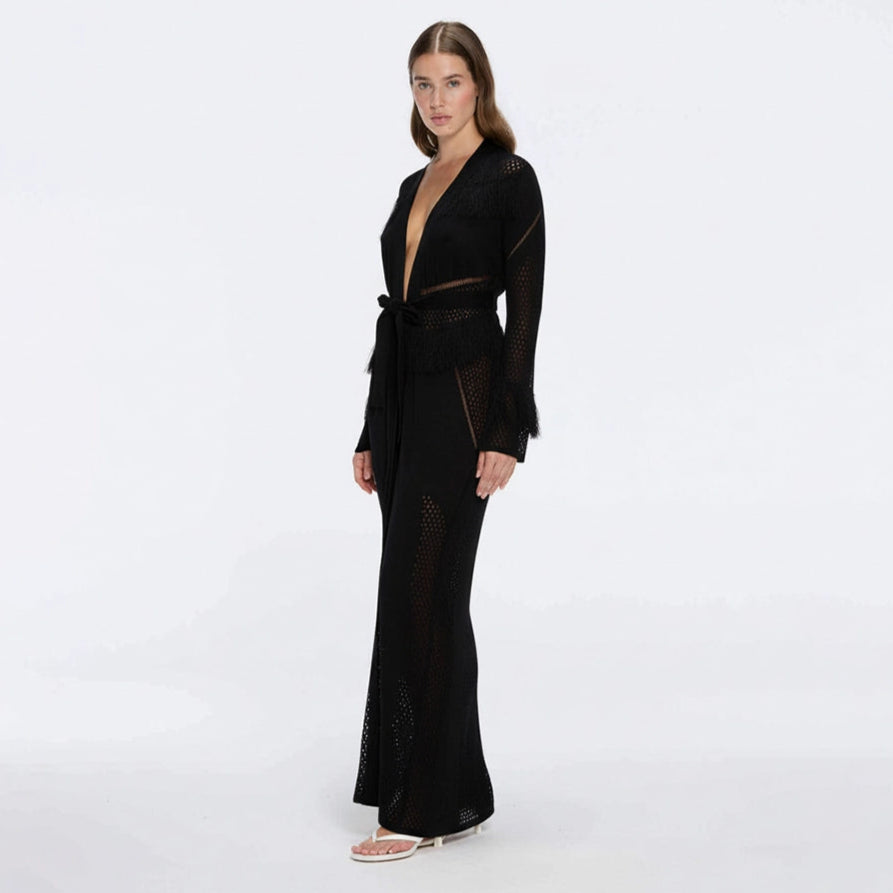 Itzel Black Knitted Mesh Long-Sleeve Kaftan | Moeva | Kaftan | Each week unveils new pieces—luxury swimwear, fluid resort silhouettes, and elevated summer-to-evening essentials designed to carry you from coastal escapes to city nights.