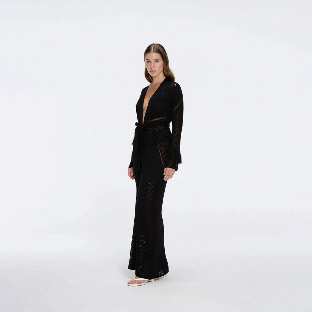 Itzel Black Knitted Mesh Long-Sleeve Kaftan | Moeva | Kaftans | Each week unveils new pieces—luxury swimwear, fluid resort silhouettes, and elevated summer-to-evening essentials designed to carry you from coastal escapes to city nights.