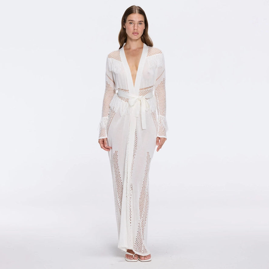 Itzel White Knitted Mesh Long-Sleeve Kaftan | Moeva | Kaftans | Each week unveils new pieces—luxury swimwear, fluid resort silhouettes, and elevated summer-to-evening essentials designed to carry you from coastal escapes to city nights.
