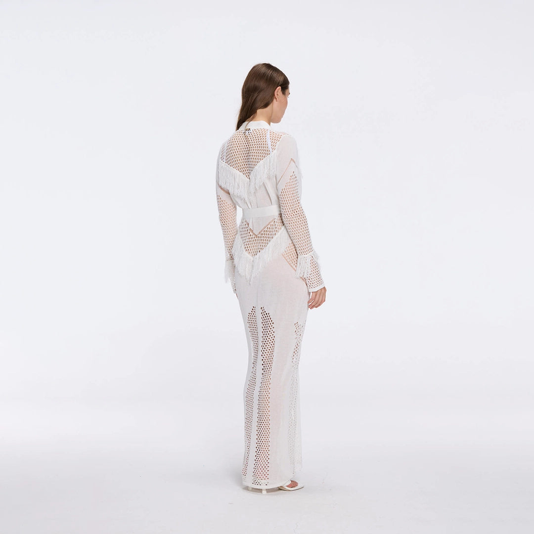 Itzel White Knitted Mesh Long-Sleeve Kaftan | Moeva | Kaftan | Each week unveils new pieces—luxury swimwear, fluid resort silhouettes, and elevated summer-to-evening essentials designed to carry you from coastal escapes to city nights.
