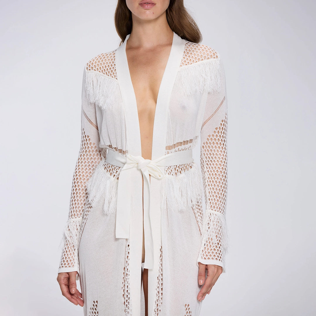 Itzel White Knitted Mesh Long-Sleeve Kaftan | Moeva | Kaftans | Each week unveils new pieces—luxury swimwear, fluid resort silhouettes, and elevated summer-to-evening essentials designed to carry you from coastal escapes to city nights.