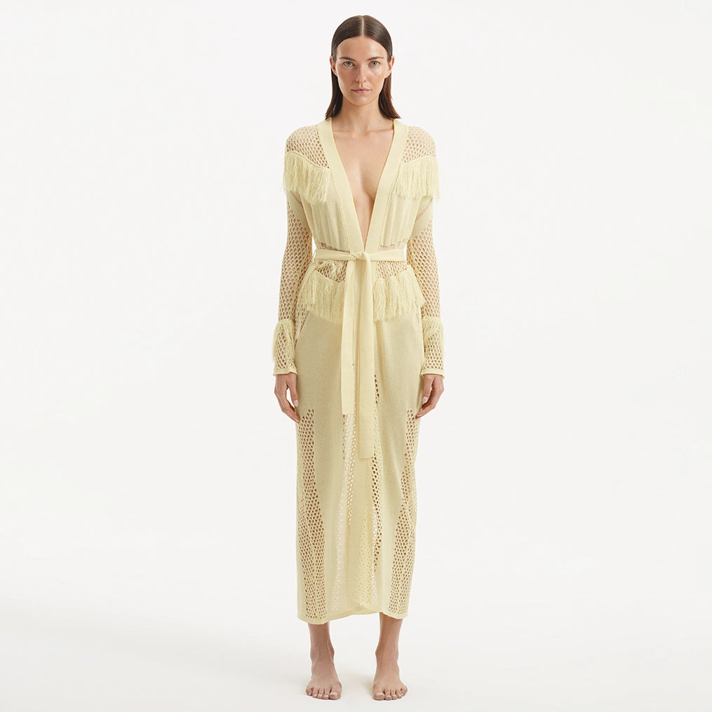 Itzel Yellow Knitted Mesh Long-Sleeve Kaftan | Moeva | Kaftan | Each week unveils new pieces—luxury swimwear, fluid resort silhouettes, and elevated summer-to-evening essentials designed to carry you from coastal escapes to city nights.