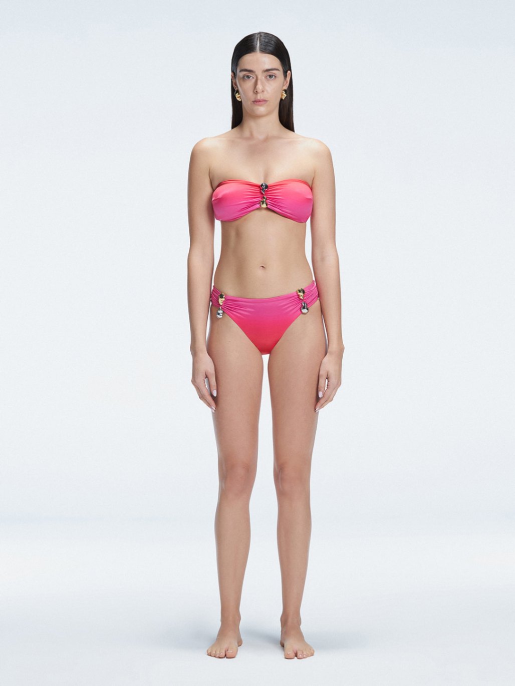 "Model wearing the Ilana Gradient  Bikini Set from the front, showcasing the chic bandeau style and elegant buckle detail."

