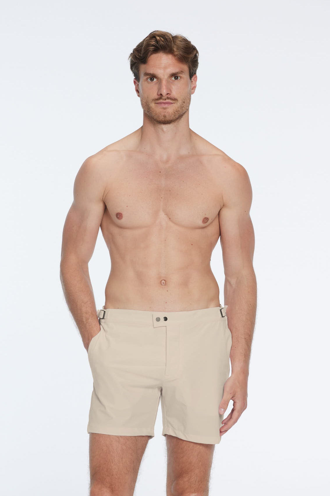 Jack Khaki Bulldog Swim Shorts | Moeva | Men Swim Stretch Shorts | Each week unveils new pieces—luxury swimwear, fluid resort silhouettes, and elevated summer-to-evening essentials designed to carry you from coastal escapes to city nights.