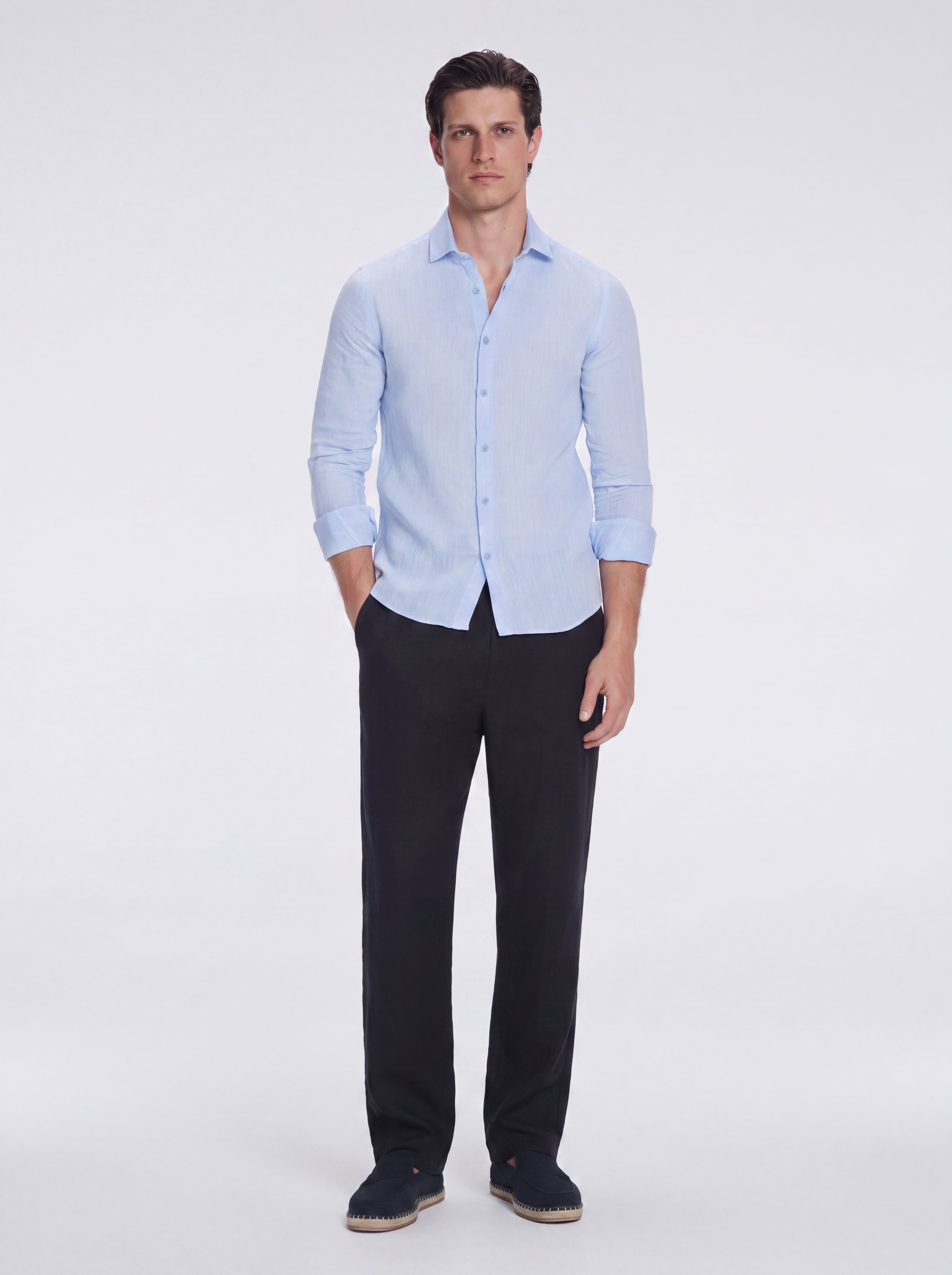 James Baby Blue Linen Slim-Fit Shirt | Moeva | Shirt | Each week unveils new pieces—luxury swimwear, fluid resort silhouettes, and elevated summer-to-evening essentials designed to carry you from coastal escapes to city nights.