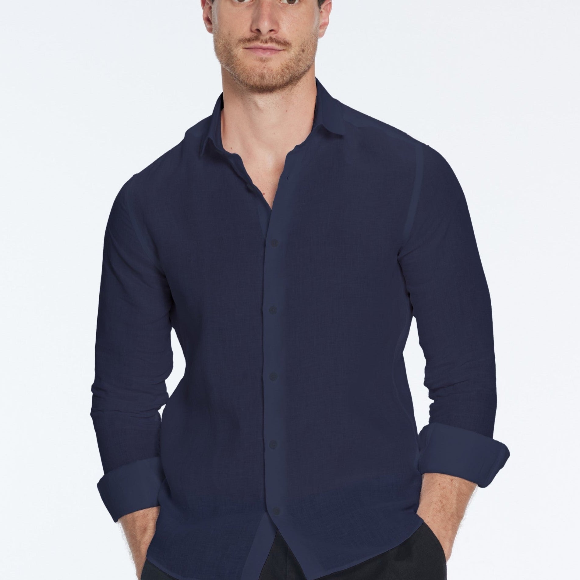 James Dark Blue Linen Slim-Fit Shirt | Moeva | Shirt | Each week unveils new pieces—luxury swimwear, fluid resort silhouettes, and elevated summer-to-evening essentials designed to carry you from coastal escapes to city nights.