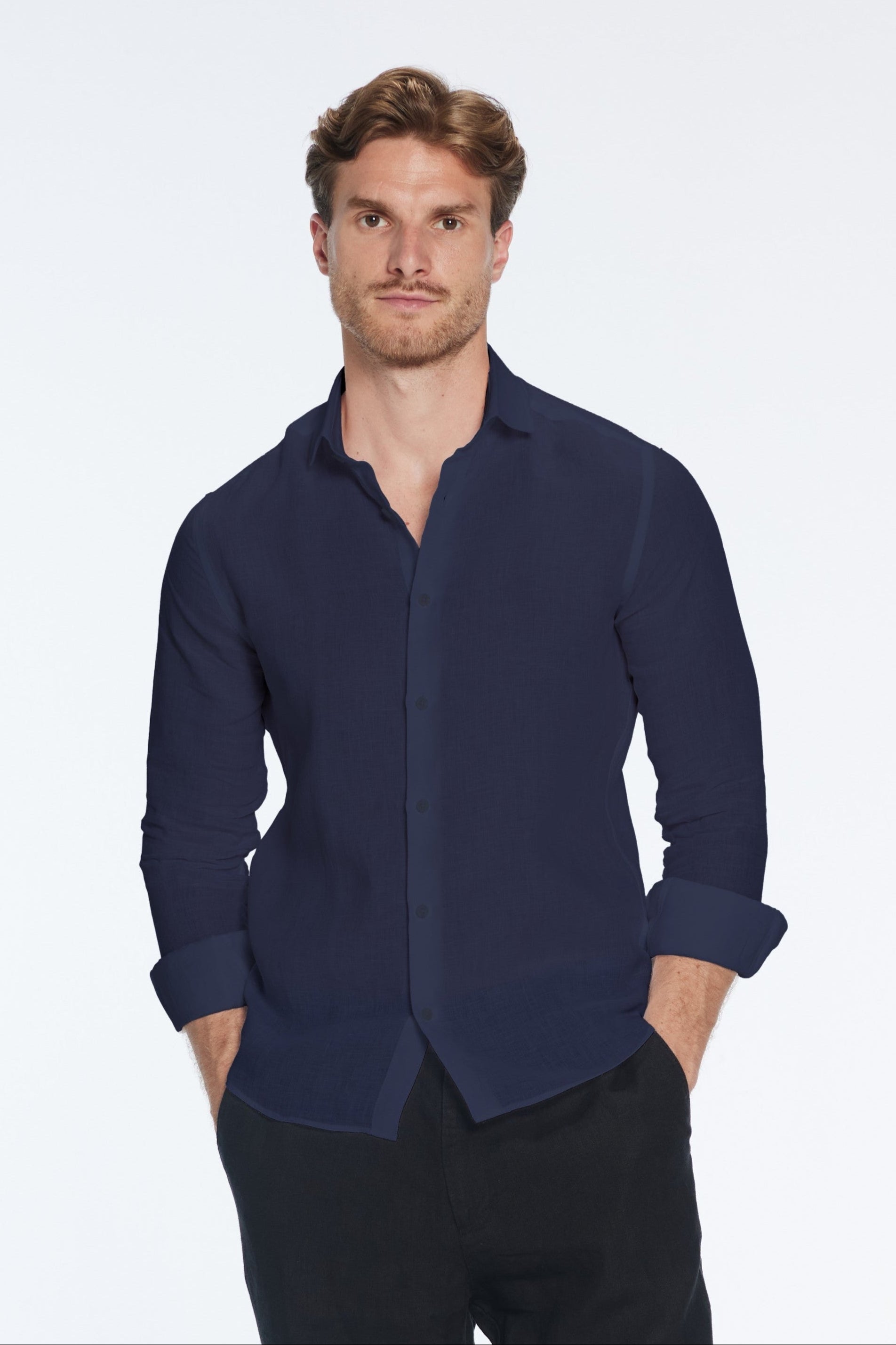 James Dark Blue Linen Slim-Fit Shirt | Moeva | Men Classic Collar Shirts | Each week unveils new pieces—luxury swimwear, fluid resort silhouettes, and elevated summer-to-evening essentials designed to carry you from coastal escapes to city nights.