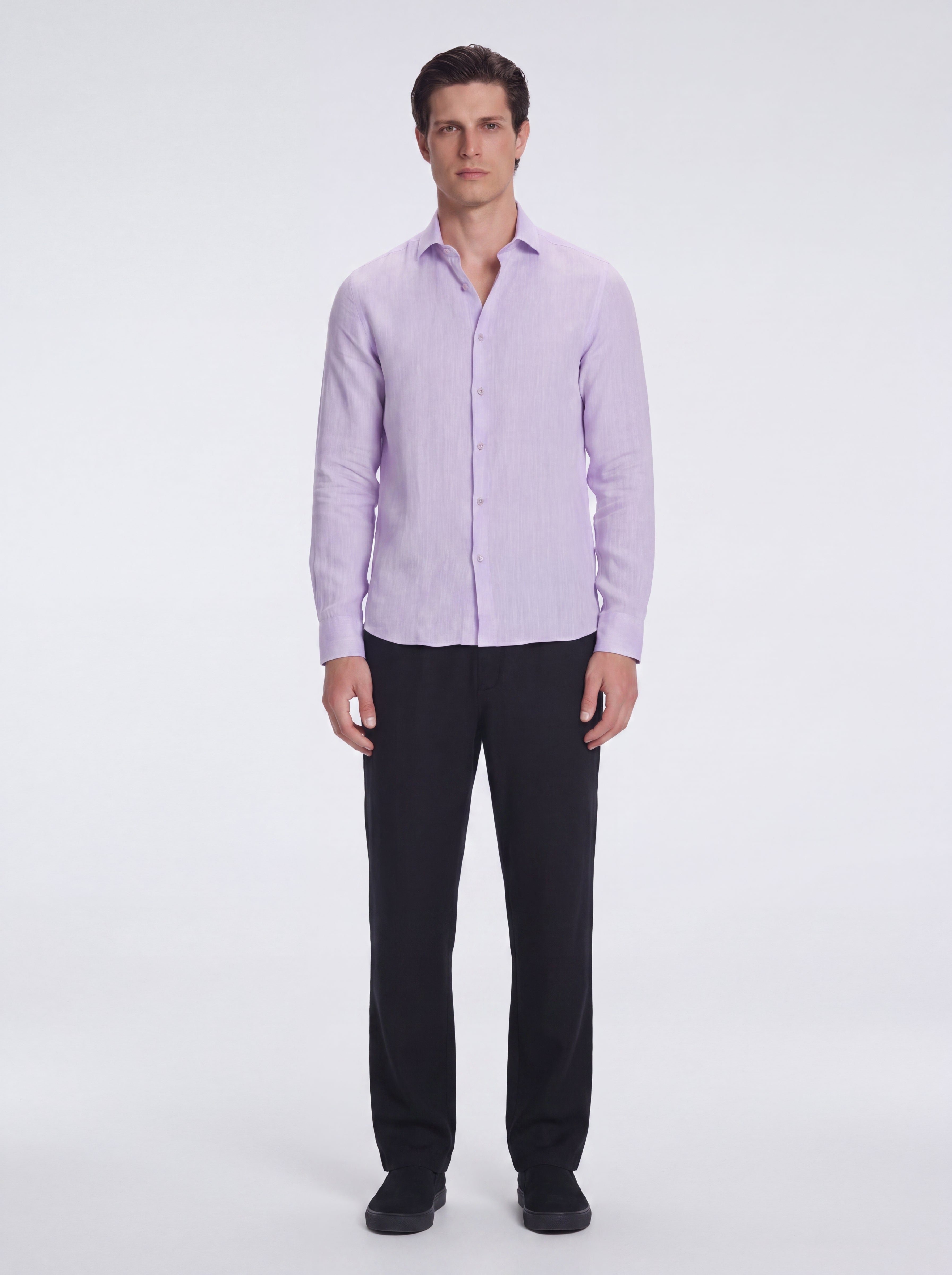 James Lilac Linen Slim-Fit Shirt | Moeva | Shirt | Each week unveils new pieces—luxury swimwear, fluid resort silhouettes, and elevated summer-to-evening essentials designed to carry you from coastal escapes to city nights.