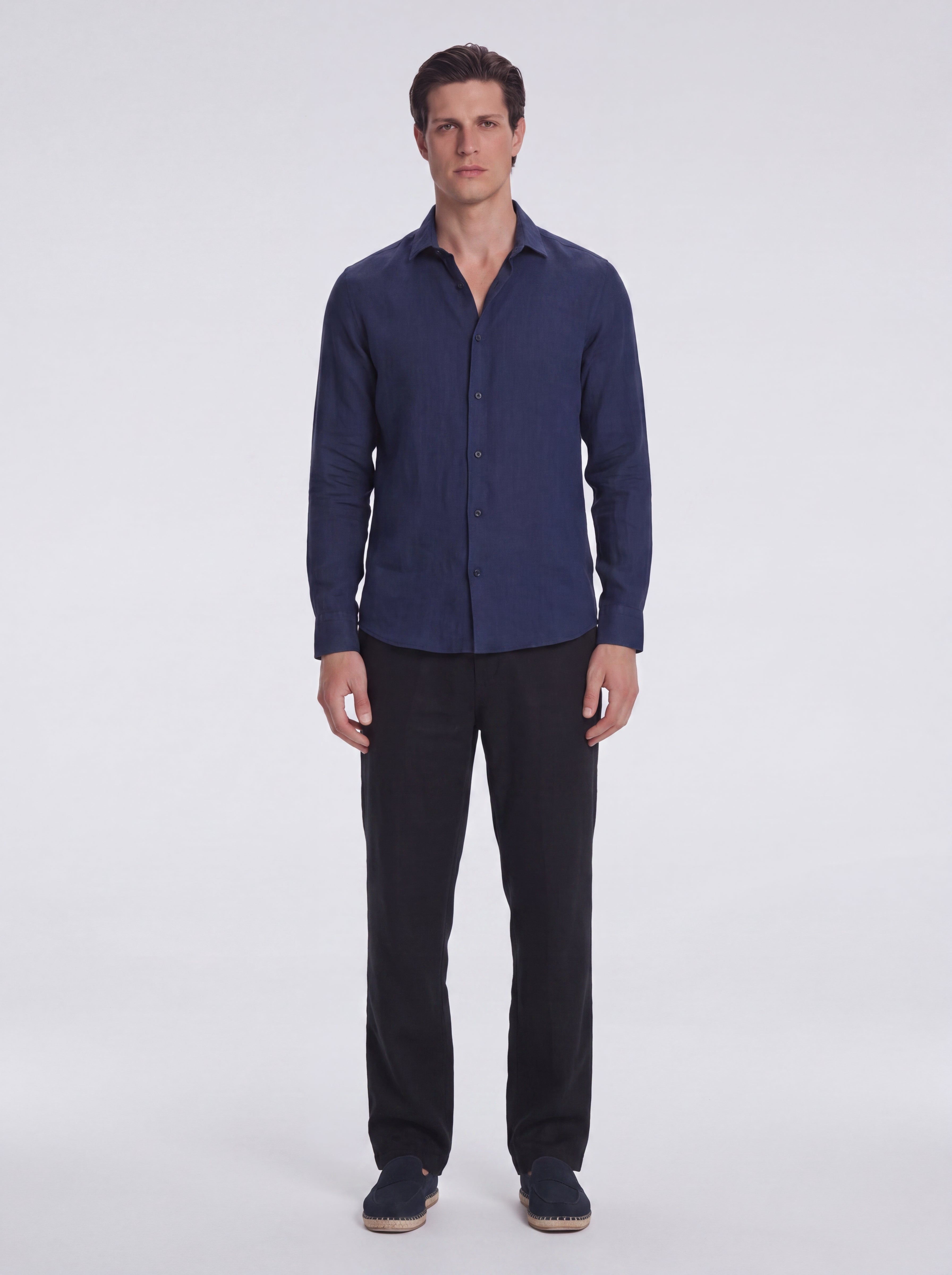 James Dark Blue Linen Slim-Fit Shirt | Moeva | Shirt | Each week unveils new pieces—luxury swimwear, fluid resort silhouettes, and elevated summer-to-evening essentials designed to carry you from coastal escapes to city nights.