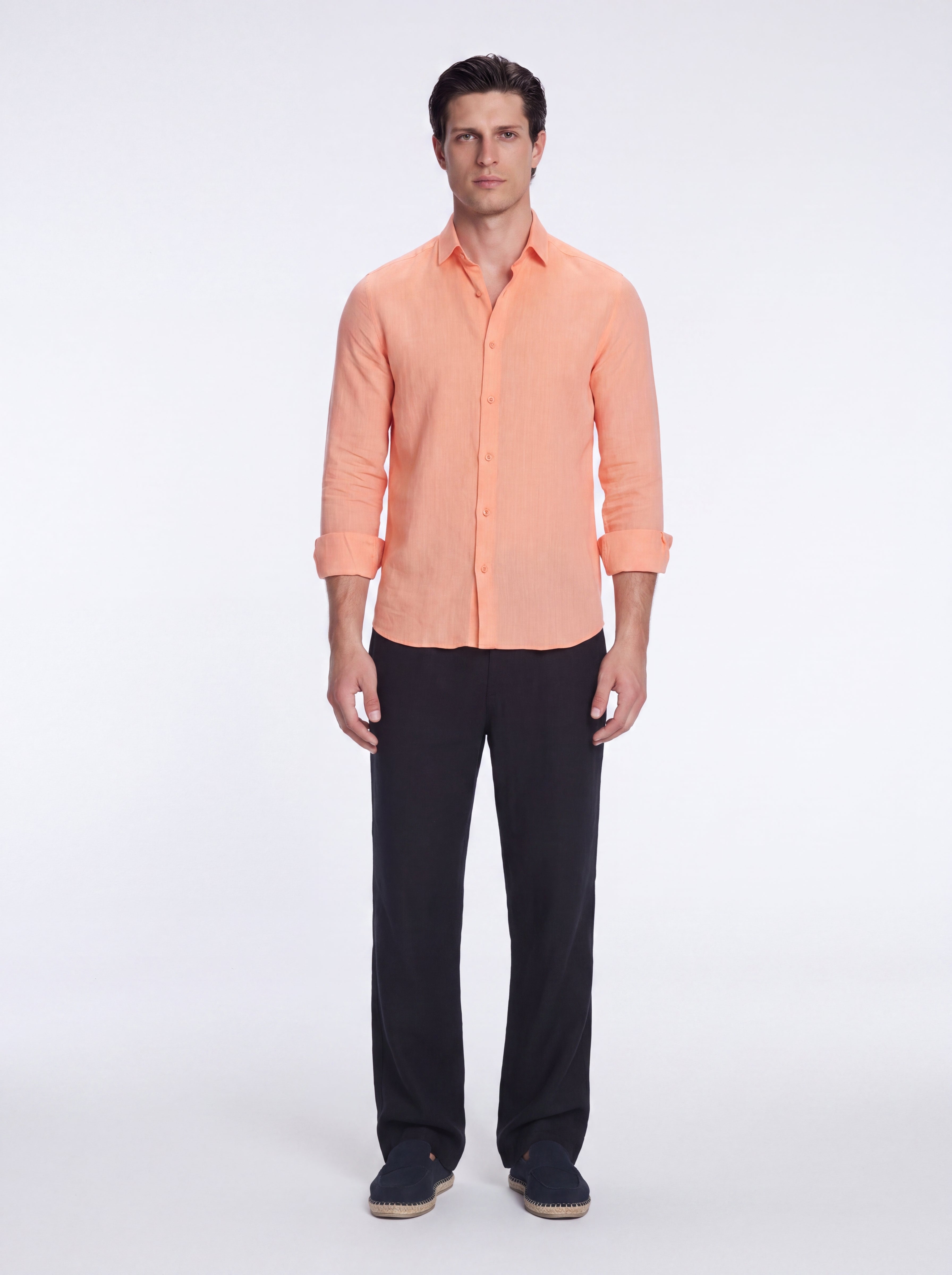 James Orange Linen Slim-Fit Shirt | Moeva | Shirt | Each week unveils new pieces—luxury swimwear, fluid resort silhouettes, and elevated summer-to-evening essentials designed to carry you from coastal escapes to city nights.