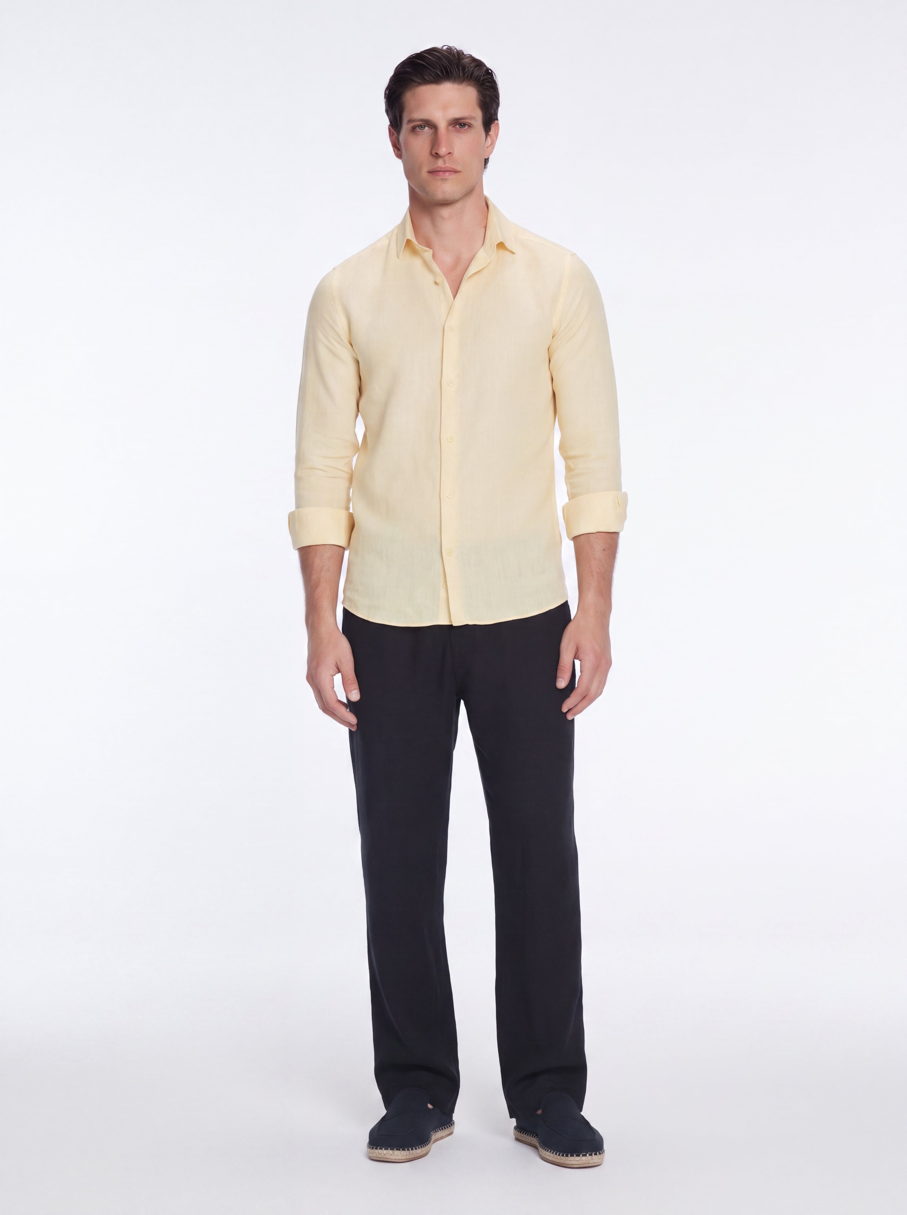 James Yellow Linen Slim-Fit Shirt | Moeva | Shirt | Each week unveils new pieces—luxury swimwear, fluid resort silhouettes, and elevated summer-to-evening essentials designed to carry you from coastal escapes to city nights.
