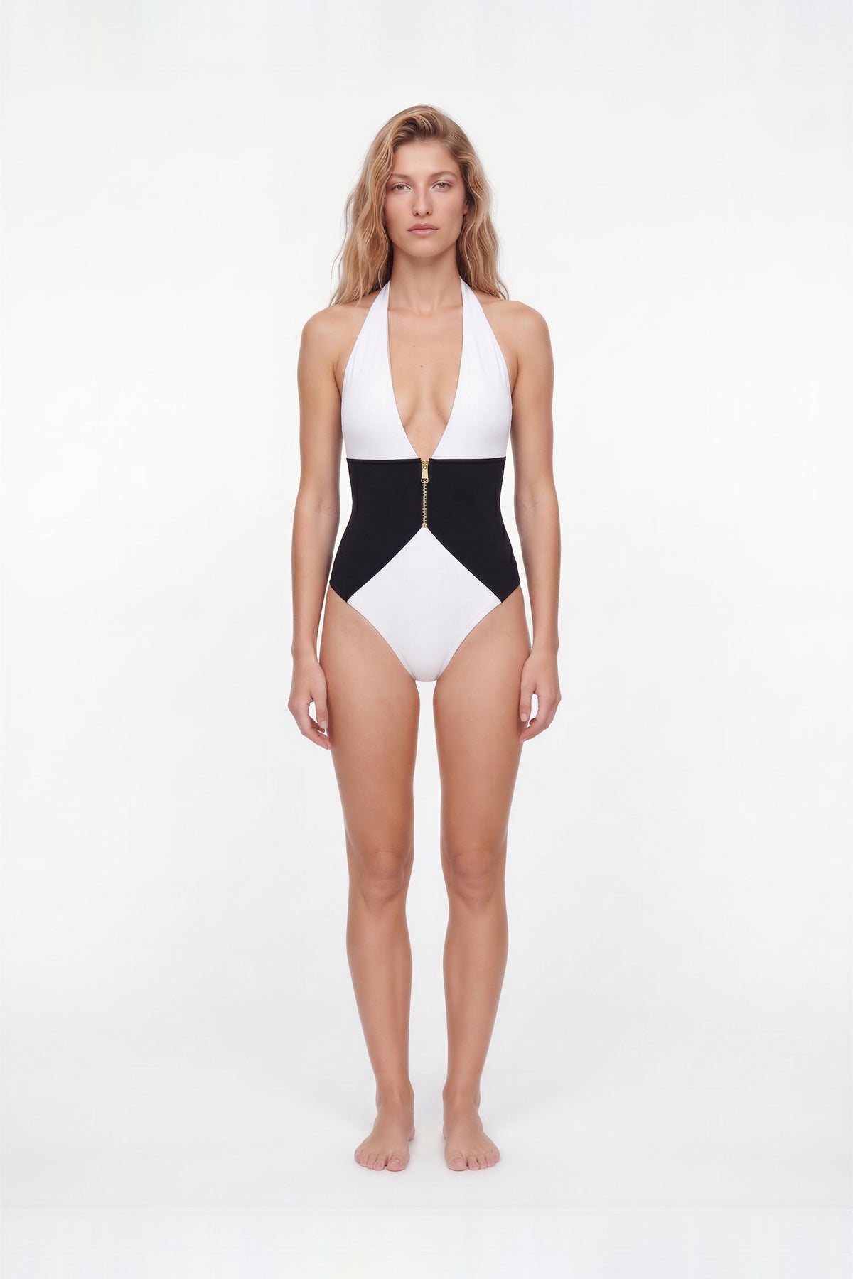 Kaelix Deep Plunge Black-White One Piece Swimsuit