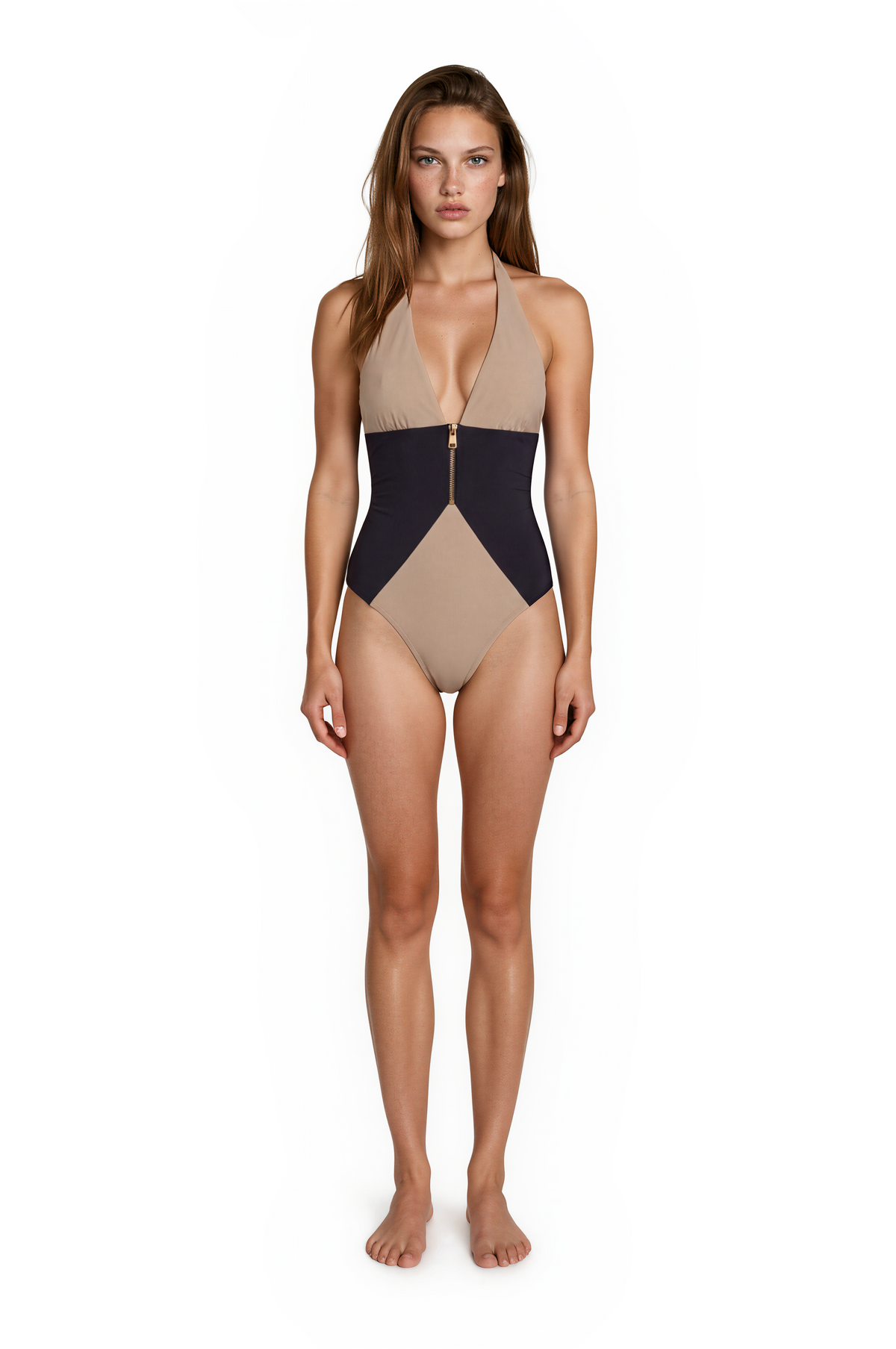 Kaelix Deep Plunge Black Nude One Piece Swimsuit by Moeva | Swimsuit from MOEVA's luxury swimwear and resortwear collection, perfect for beach days, resort escapes and summer styling.