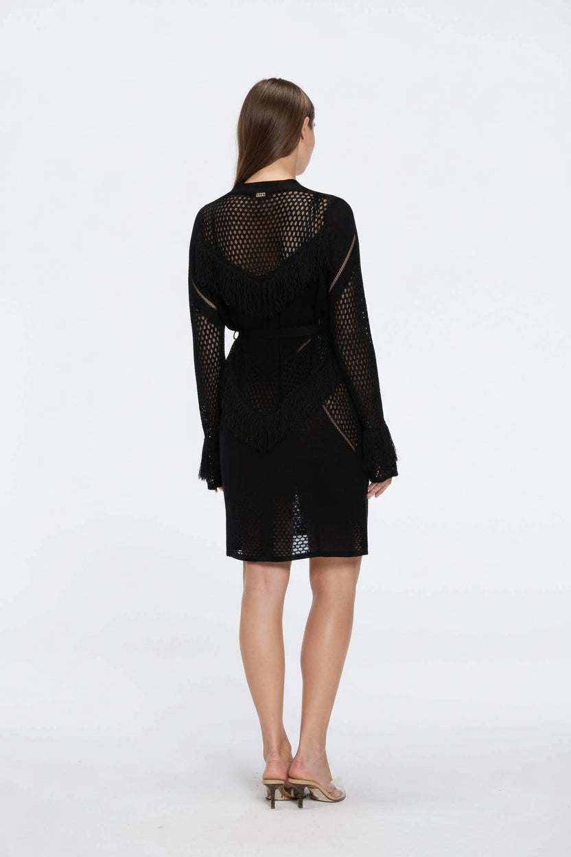 Kenga Knitted Knee-Length Long-Sleeve Belted Black Kaftan | Moeva | Kaftans | Each week unveils new pieces—luxury swimwear, fluid resort silhouettes, and elevated summer-to-evening essentials designed to carry you from coastal escapes to city nights.