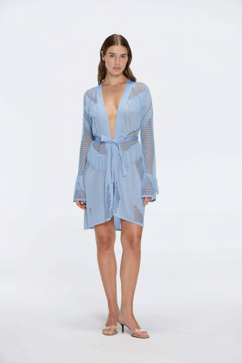 Kenga Knitted Knee-Length Long-Sleeve Belted Baby Blue Kaftan | Moeva | Kaftans | Each week unveils new pieces—luxury swimwear, fluid resort silhouettes, and elevated summer-to-evening essentials designed to carry you from coastal escapes to city nights.