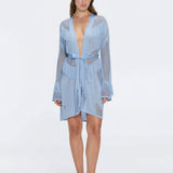 Kenga Knitted Knee-Length Long-Sleeve Belted Baby Blue Kaftan | Moeva | Kaftans | Each week unveils new pieces—luxury swimwear, fluid resort silhouettes, and elevated summer-to-evening essentials designed to carry you from coastal escapes to city nights.