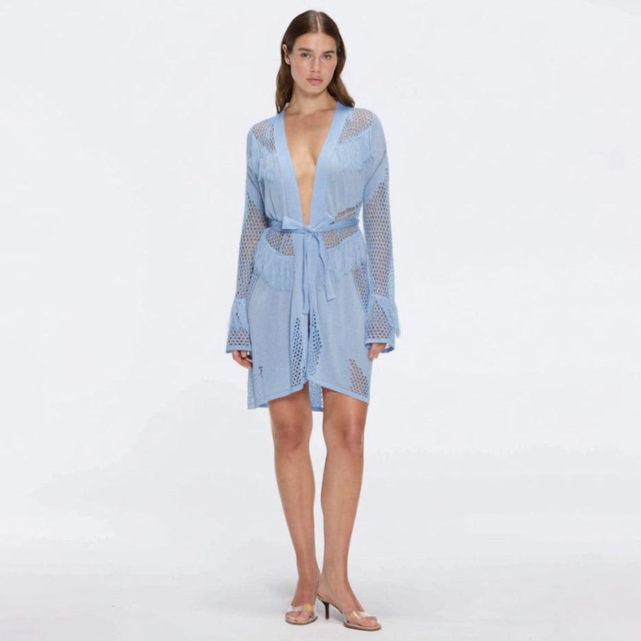 Kenga Knitted Knee-Length Long-Sleeve Belted Baby Blue Kaftan | Moeva | Kaftan | Each week unveils new pieces—luxury swimwear, fluid resort silhouettes, and elevated summer-to-evening essentials designed to carry you from coastal escapes to city nights.