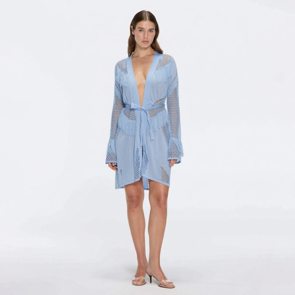 Kenga Knitted Knee-Length Long-Sleeve Belted Baby Blue Kaftan | Moeva | Kaftans | Each week unveils new pieces—luxury swimwear, fluid resort silhouettes, and elevated summer-to-evening essentials designed to carry you from coastal escapes to city nights.