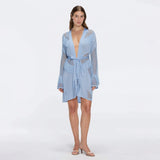 Kenga Knitted Knee-Length Long-Sleeve Belted Baby Blue Kaftan | Moeva | Kaftans | Each week unveils new pieces—luxury swimwear, fluid resort silhouettes, and elevated summer-to-evening essentials designed to carry you from coastal escapes to city nights.