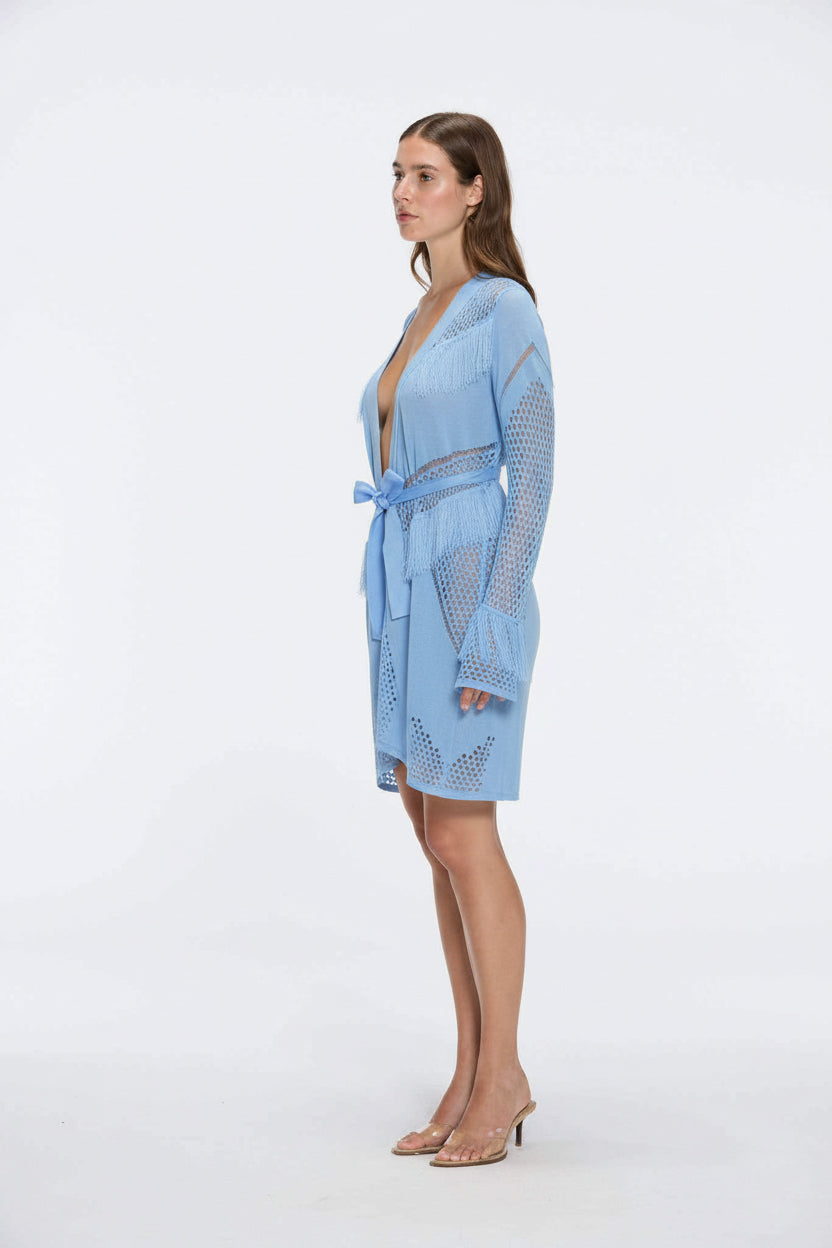 Kenga Knitted Knee-Length Long-Sleeve Belted Baby Blue Kaftan | Moeva | Kaftans | Each week unveils new pieces—luxury swimwear, fluid resort silhouettes, and elevated summer-to-evening essentials designed to carry you from coastal escapes to city nights.