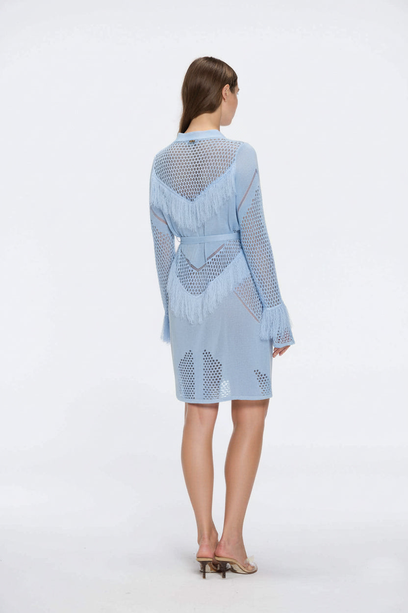 Kenga Knitted Knee-Length Long-Sleeve Belted Baby Blue Kaftan | Moeva | Kaftans | Each week unveils new pieces—luxury swimwear, fluid resort silhouettes, and elevated summer-to-evening essentials designed to carry you from coastal escapes to city nights.