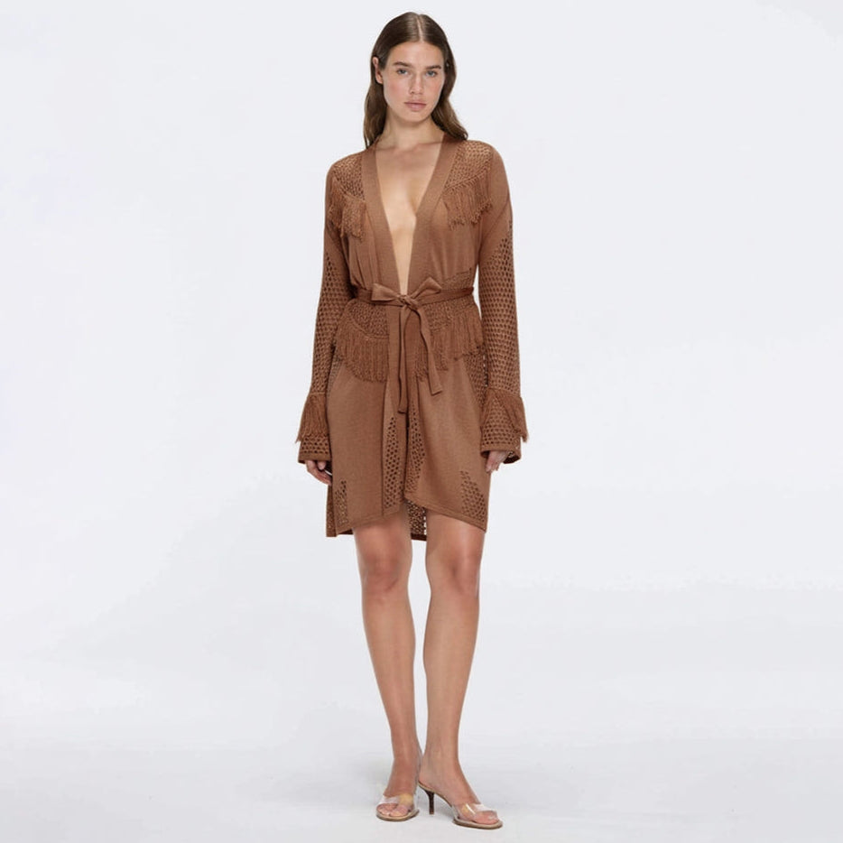 Kenga Knitted Knee-Length Long-Sleeve Belted Brown Kaftan | Moeva | Kaftan | Each week unveils new pieces—luxury swimwear, fluid resort silhouettes, and elevated summer-to-evening essentials designed to carry you from coastal escapes to city nights.