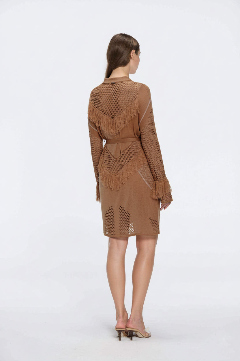 Kenga Knitted Knee-Length Long-Sleeve Belted Brown Kaftan | Moeva | Kaftans | Each week unveils new pieces—luxury swimwear, fluid resort silhouettes, and elevated summer-to-evening essentials designed to carry you from coastal escapes to city nights.