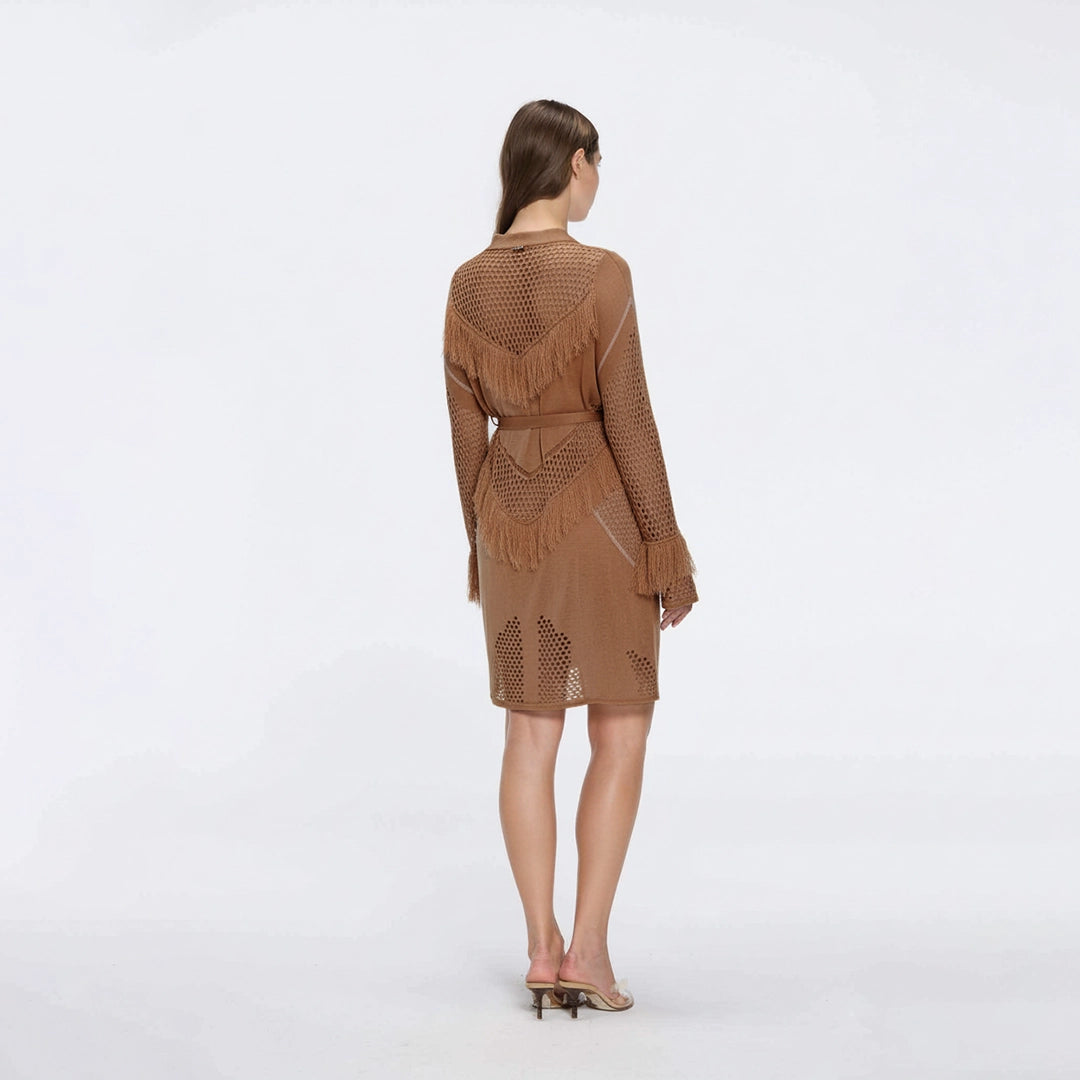 Kenga Knitted Knee-Length Long-Sleeve Belted Brown Kaftan | Moeva | Kaftans | Each week unveils new pieces—luxury swimwear, fluid resort silhouettes, and elevated summer-to-evening essentials designed to carry you from coastal escapes to city nights.