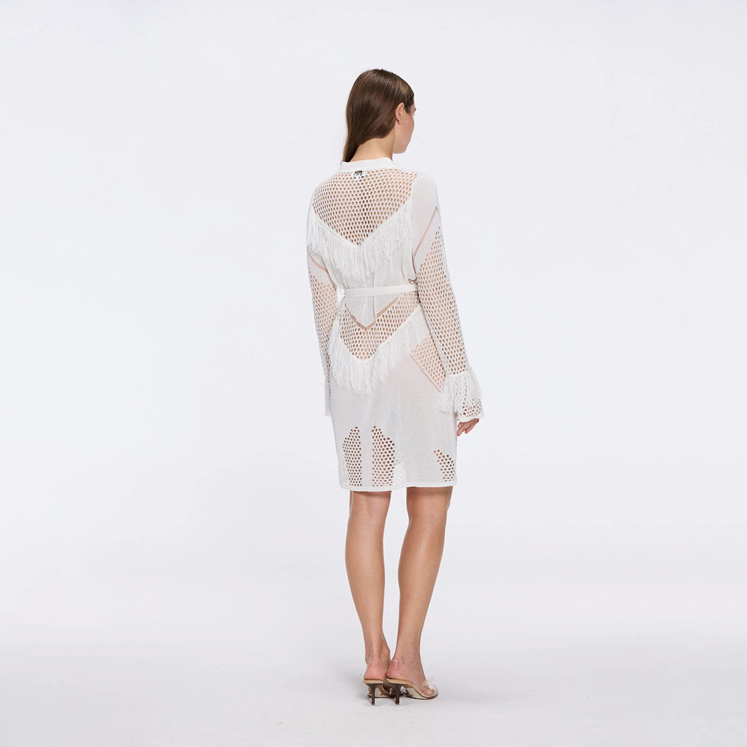 Kenga Knitted Knee-Length Long-Sleeve Belted White Kaftan | Moeva | Kaftans | Each week unveils new pieces—luxury swimwear, fluid resort silhouettes, and elevated summer-to-evening essentials designed to carry you from coastal escapes to city nights.