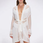 Kenga Knitted Knee-Length Long-Sleeve Belted White Kaftan | Moeva | Kaftans | Each week unveils new pieces—luxury swimwear, fluid resort silhouettes, and elevated summer-to-evening essentials designed to carry you from coastal escapes to city nights.