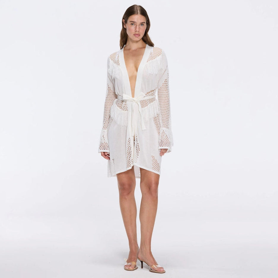 Kenga Knitted Knee-Length Long-Sleeve Belted White Kaftan | Moeva | Kaftan | Each week unveils new pieces—luxury swimwear, fluid resort silhouettes, and elevated summer-to-evening essentials designed to carry you from coastal escapes to city nights.