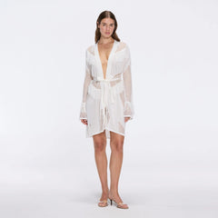Kenga Knitted Knee-Length Long-Sleeve Belted White Kaftan | Moeva | Kaftans | Each week unveils new pieces—luxury swimwear, fluid resort silhouettes, and elevated summer-to-evening essentials designed to carry you from coastal escapes to city nights.