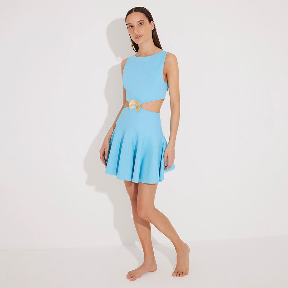 Lanao Blue Cut-Out Knit Mini Dress with Gold Detail | Moeva | Dress | Each week unveils new pieces—luxury swimwear, fluid resort silhouettes, and elevated summer-to-evening essentials designed to carry you from coastal escapes to city nights.