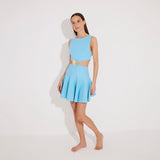 Lanao Blue Cut-Out Knit Mini Dress with Gold Detail | Moeva | RTW Dresses | Each week unveils new pieces—luxury swimwear, fluid resort silhouettes, and elevated summer-to-evening essentials designed to carry you from coastal escapes to city nights.